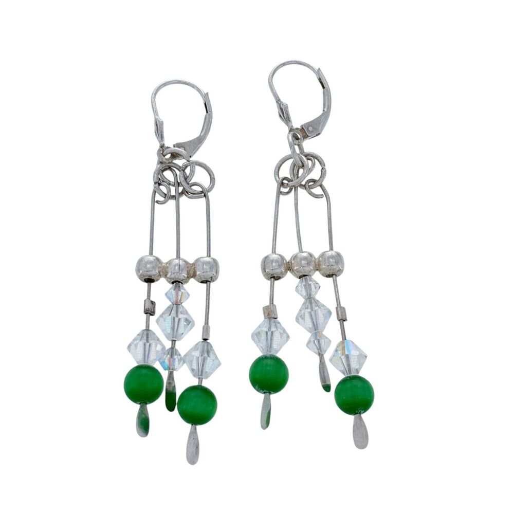 Vintage Sterling Silver 925 Crystal and Green Glass Beaded Dangle Earrings